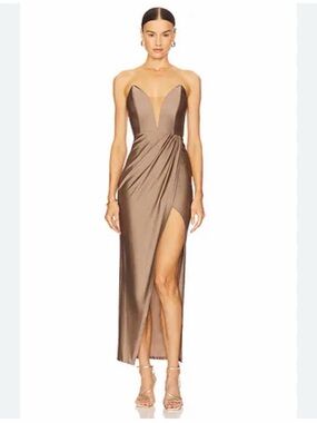 REVOLVE Taupe Strapless Satin Gown with Plunging Illusion Neckline